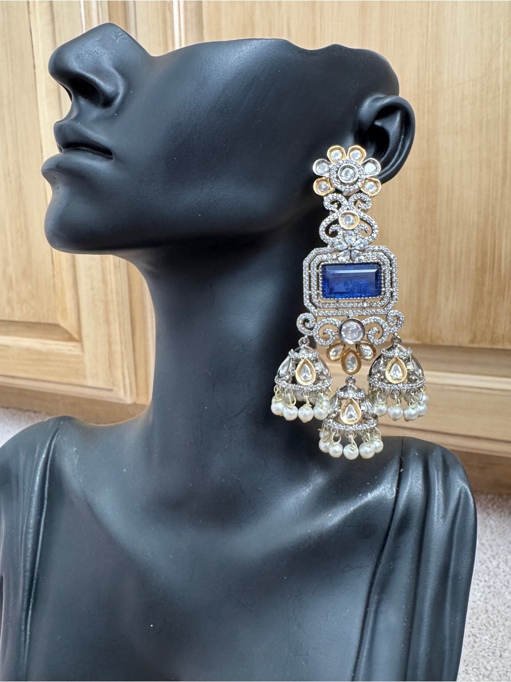 Blue and Gold Dangle Statement Earrings - Women Jewelry